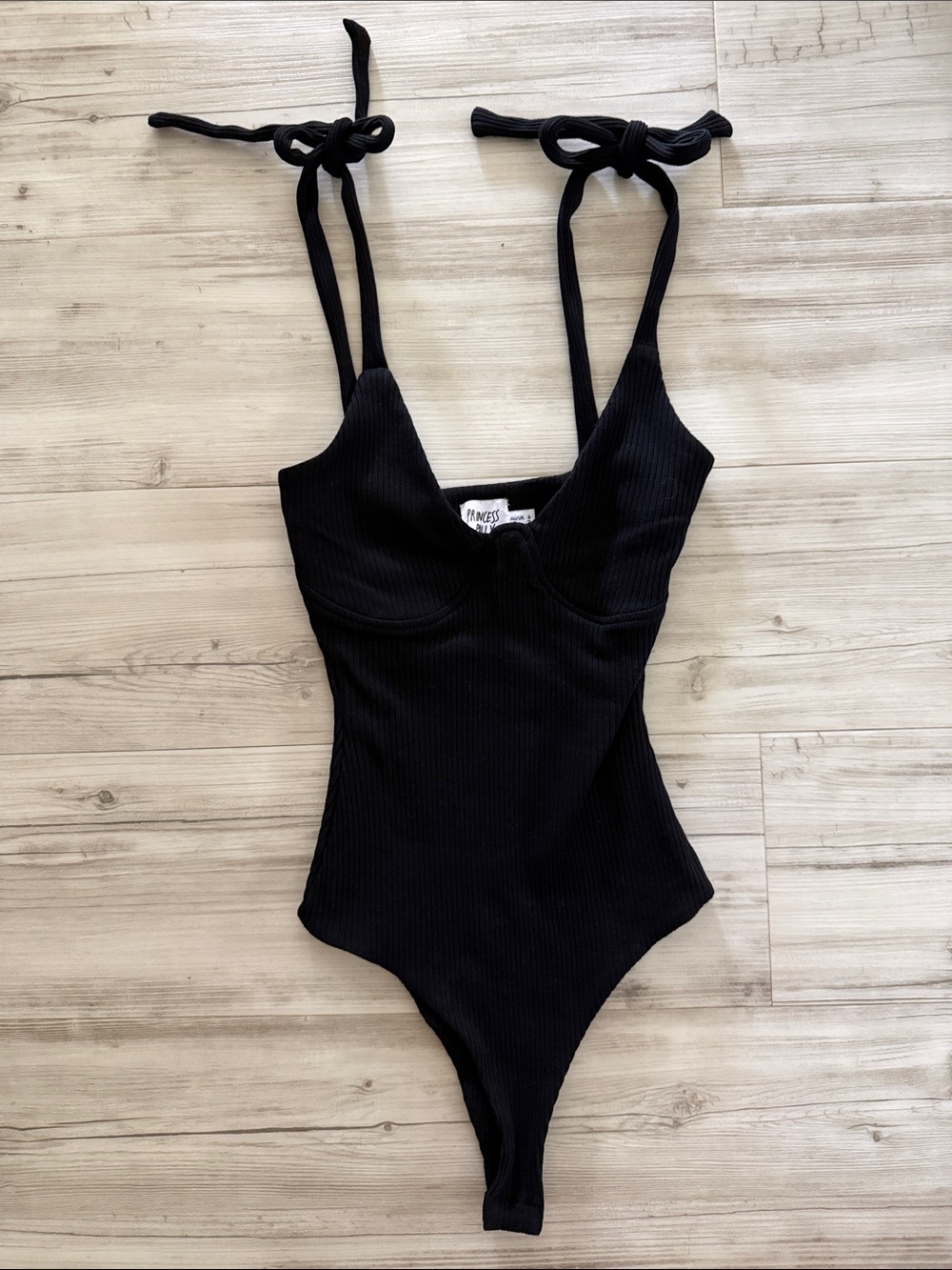 Princess Polly Black Ribbed Tie-Strap body suit